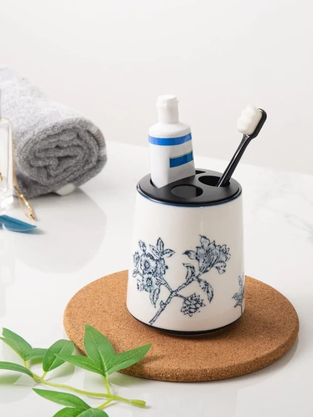 Ceramic Toothbrush Holder for Bathroom, Chinoiserie Makeup Brush Cup, Floral